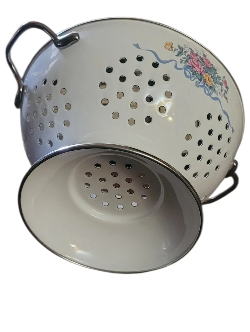 Classic White Floral Enamel Colander with Handles